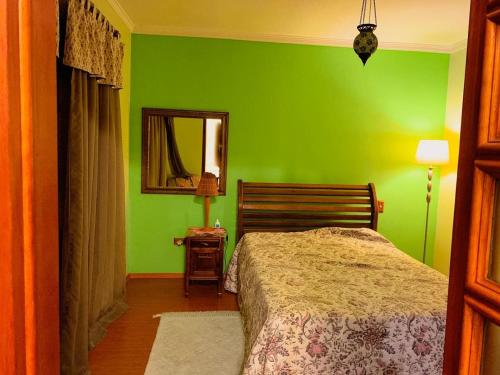um quarto verde com uma cama e um espelho em Espaço gourmet e home-office na Granja em São Paulo