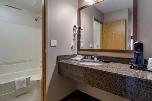 a bathroom with a sink and a mirror and a toilet at SureStay Plus Hotel by Best Western Salmon Arm in Salmon Arm