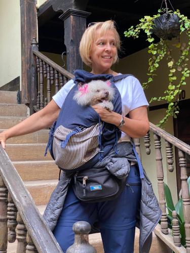 a woman carrying a dog in a backpack at Hotel Museo Mayan Inn in Chichicastenango