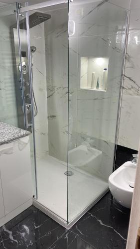 a glass shower in a bathroom with a sink at Appartamenti Lago di Como in Valbrona