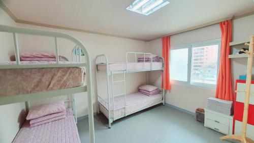 a room with two bunk beds and a window at Happy Garden Guesthouse in Seoul