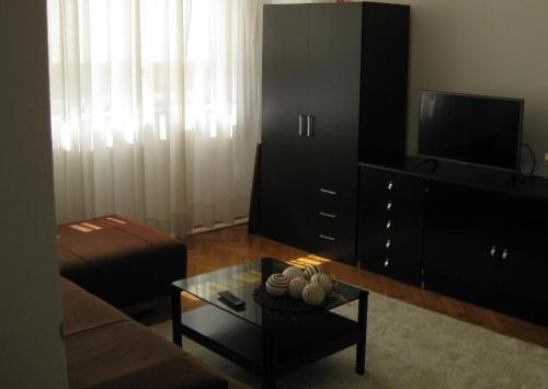 a living room with a tv and a coffee table at Apartment Palas in Banja Luka