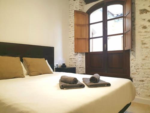 een slaapkamer met een bed met twee handdoeken erop bij Picasso Neighborhood Histórico Y Céntrico in Málaga