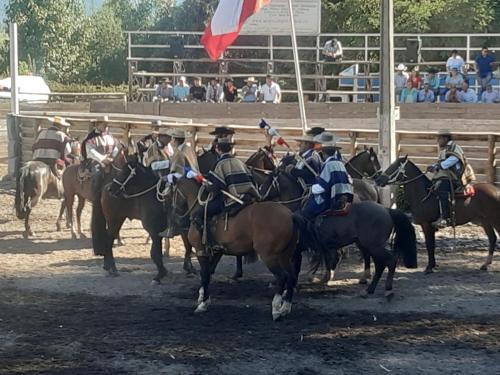 um grupo de homens em cavalos com uma bandeira em Cabañas Puente Negro em Puente Negro