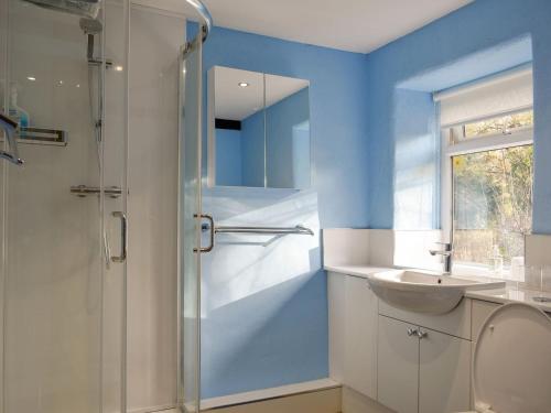 een badkamer met een glazen douche en een wastafel bij Snowdrop Cottage in Staveley