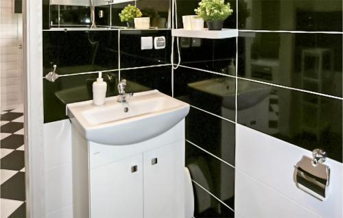 a bathroom with a white sink and a black wall at 2 Bedroom Beautiful Home In Grzybowo in Grzybowo