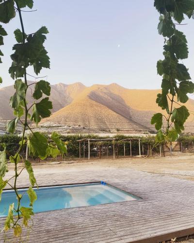 a swimming pool in a field with mountains in the background at Glamping Viñas de Elqui in Vicuña