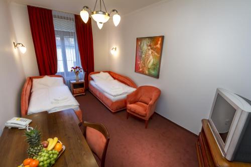 a hotel room with a bed and a television at Hotel Grand in Žilina