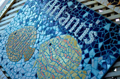 a mosaic mural of a polar bear on a wall at Atlantis in Plakias