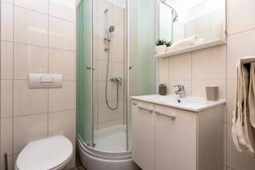 ein Badezimmer mit Dusche, Toilette und Waschbecken in der Unterkunft Apartments Beach Dream in Mimice