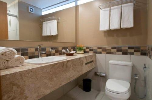 a bathroom with a sink and a toilet and a mirror at Apartamento Le Jardin - Suítes para Temporada in Caldas Novas