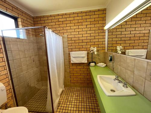 uma casa de banho com um lavatório e um chuveiro em Lake Mulwala Hotel em Mulwala