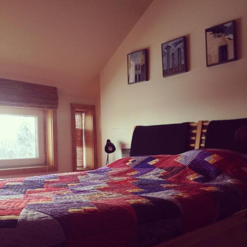 a bedroom with a bed with a colorful quilt on it at Cabot Shores in Indian Brook