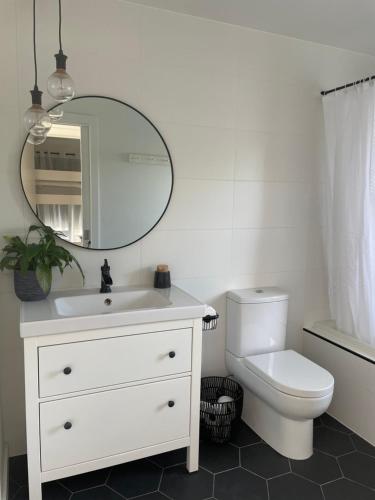 a bathroom with a sink and a toilet and a mirror at Jetty Road Beach House in Rosebud