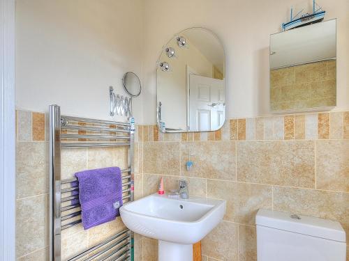 a bathroom with a sink and a mirror and a toilet at Jurassic Sea View in Lyme Regis