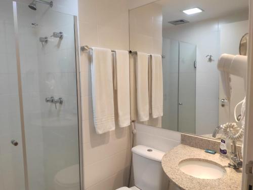 a bathroom with a shower and a toilet and a sink at Flat Hotel Vision A417 in Brasilia