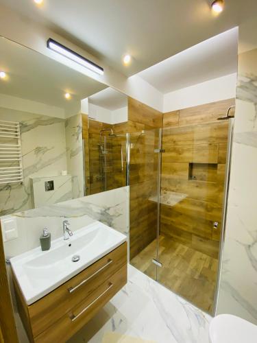 a bathroom with a sink and a shower at Apartamenty Białe nad jeziorem Białym in Augustów