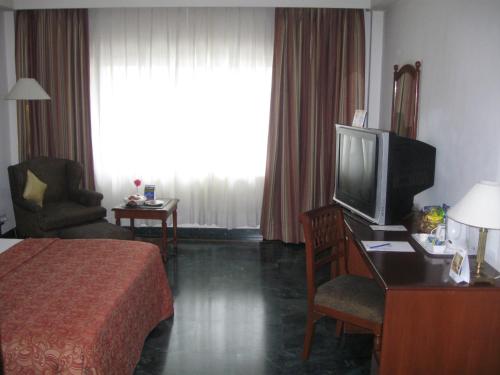ein Hotelzimmer mit einem Bett und einem TV in der Unterkunft La Place Sarovar Portico in Lucknow
