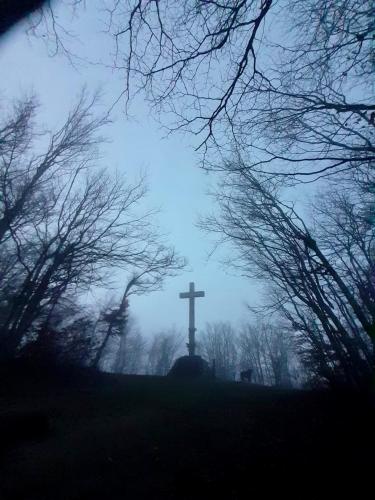 a cross in a cemetery on a foggy day at Il Rifugio nel Comero in Verghereto