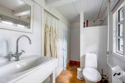 a white bathroom with a sink and a toilet at Older Thatched Farmhouse, Approx, 400 Meters From The Water in Ørsted