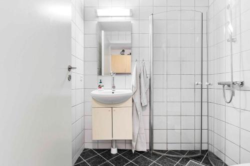 un bagno bianco con lavandino e doccia di Holiday Apartment Close To Dueodde Beach a Neksø