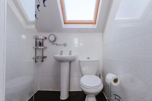 a bathroom with a toilet and a sink and a window at Bryn Gerrig View in Pontypool