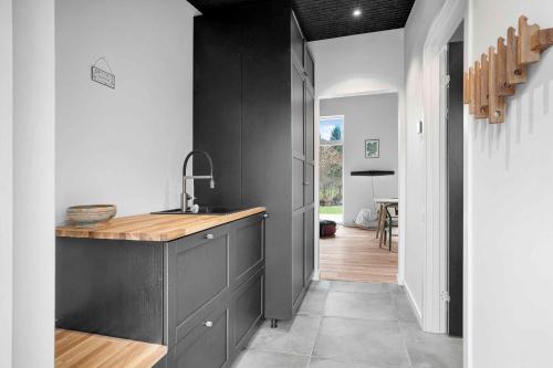 een keuken met zwarte kasten, een wastafel en een hal bij Newly Built Sustainable Wooden House In Idyllic Surroundings in Frederiksværk