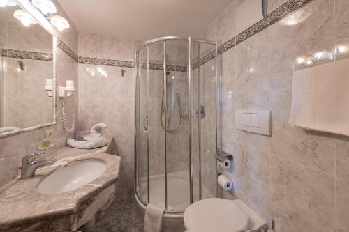 a bathroom with a shower and a sink and a toilet at Cristallo B&B in Castelrotto