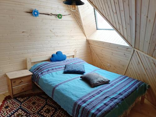 um quarto com uma cama com uma almofada azul em Domul Poarta Retezat em Rausor