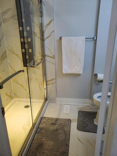 een badkamer met douche en toilet bij Maxwell Esabu in Toronto