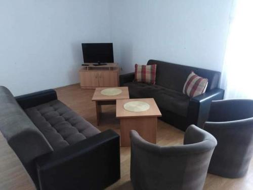 sala de estar con sofá y 2 sillas en Smestaj Vlasina en Surdulica