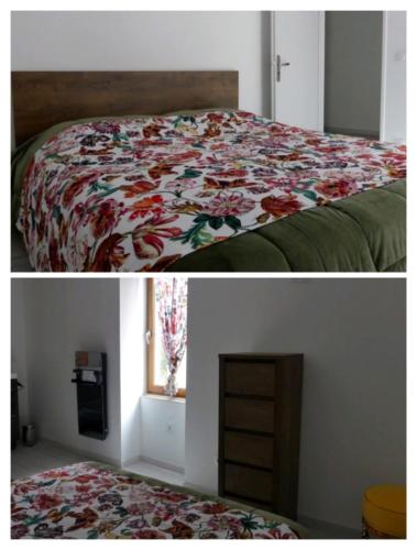 a bedroom with a bed with a floral bedspread at L'étoile de Zakiel in Cambayrac