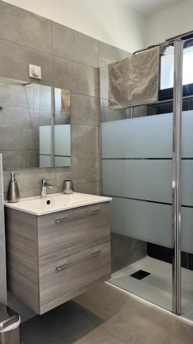une salle de bain avec un lavabo et un miroir dans l'établissement N2 Maison T2 climatisé, à Ajaccio