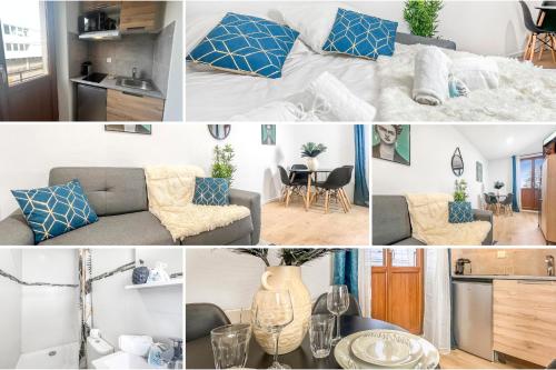 un collage de fotos de una sala de estar y una cocina en HOMEY BLUE - Petit Studio - Proche tram - Proche frontière - Wifi - Confortable, en Gaillard