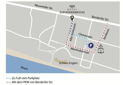 un mapa que muestra la ubicación aproximada del bar restaurante y club nocturno miramar kiwi en Hotel zur Römerbrücke en Neuwied