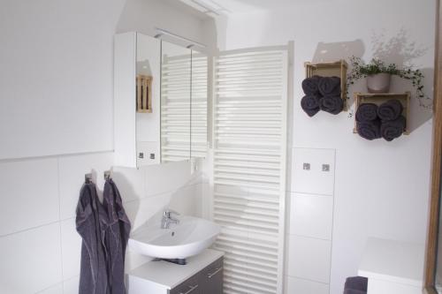 波彭豪森的住宿－Ferienhaus Ziegelhof，白色的浴室设有水槽和镜子