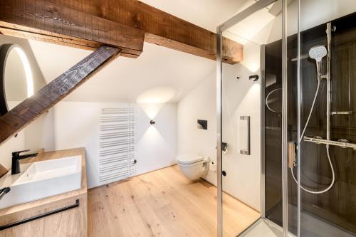 a bathroom with a shower and a toilet at Münsterhus by A-Appartments in Schruns-Tschagguns