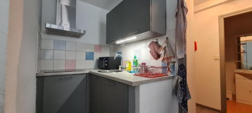 - une petite cuisine avec des placards gris et un évier dans l'établissement Un petit coin de paradis, à Villard-de-Lans