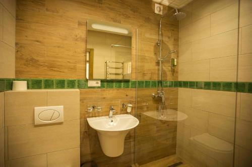a bathroom with a sink and a glass shower at Chervona Ruta in Shaian