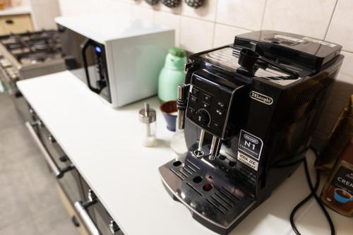 a black coffee maker on a counter in a kitchen at Chata u kostela in Kořenov