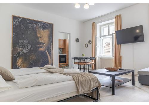 1 dormitorio con 1 cama y sala de estar en 2 Pleasant Flats - Perfect for Long Stays en Viena