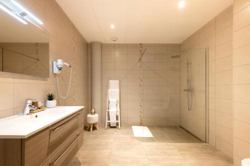 La salle de bains est pourvue d'une douche, d'un lavabo et d'un miroir. dans l'établissement Hôtel de la Tour, à Melen