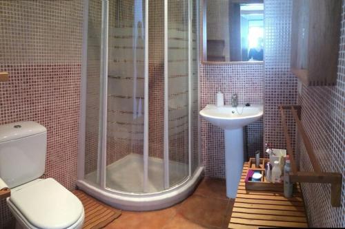 a bathroom with a shower and a toilet and a sink at Mirador La Pita Azul in San José