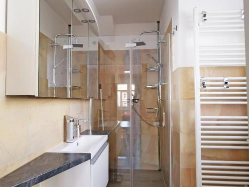 La salle de bains est pourvue d'un lavabo et d'une douche. dans l'établissement Musashi Apartment 1, à Weimar