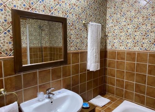 W łazience znajduje się umywalka i lustro. w obiekcie HOTEL RURAL EL SABINAR w mieście Crémenes