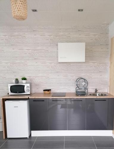 une cuisine avec un évier et un micro-ondes dans l'établissement Maison proche la Rochelle, à Saint-Christophe