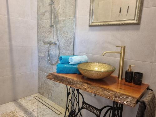 a bathroom with a sink and a shower at B&B Hoeve Ruimzicht in Renesse