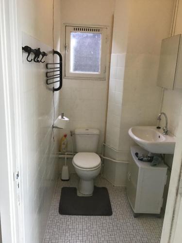 a small bathroom with a toilet and a sink at Frank’s and Chong’s excellent location in Amsterdam