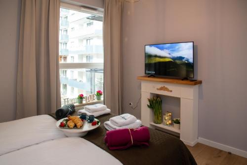 a bedroom with a bed with a television and a fireplace at Maya's Flats & Resorts 62 - 3 rooms flat in Walowa Gdańsk in Gdańsk