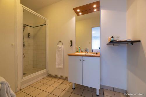 a bathroom with a sink and a shower at Cerise Nantes Atlantis in Saint-Herblain